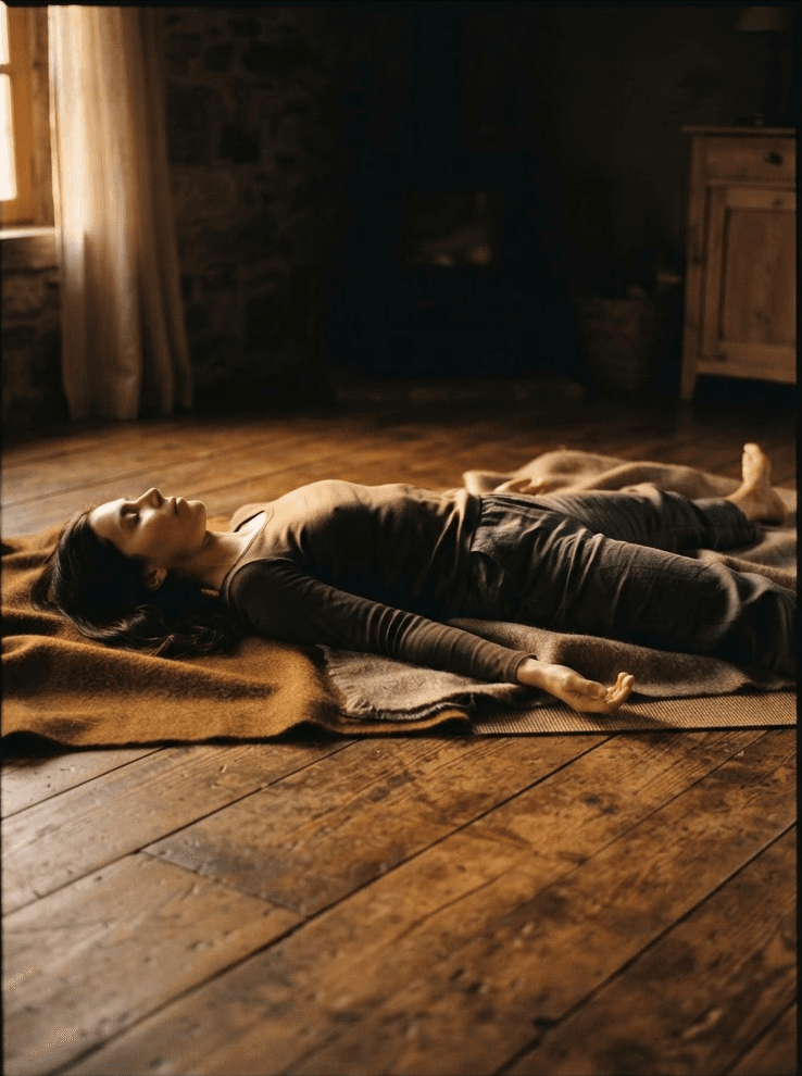 A person lying in restorative rest on a wooden floor in warm, low dusk light.