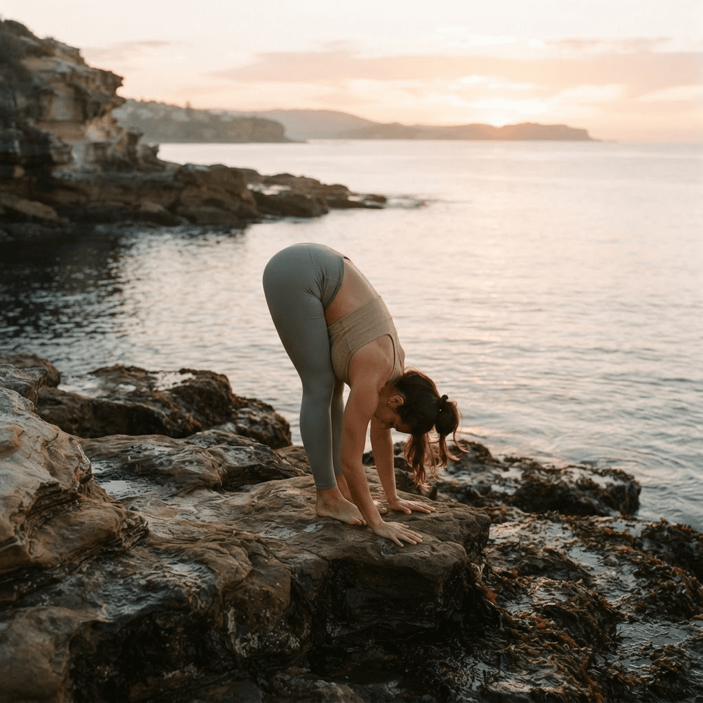 A deep forward-fold yoga pose on coastal rocks at sunrise.