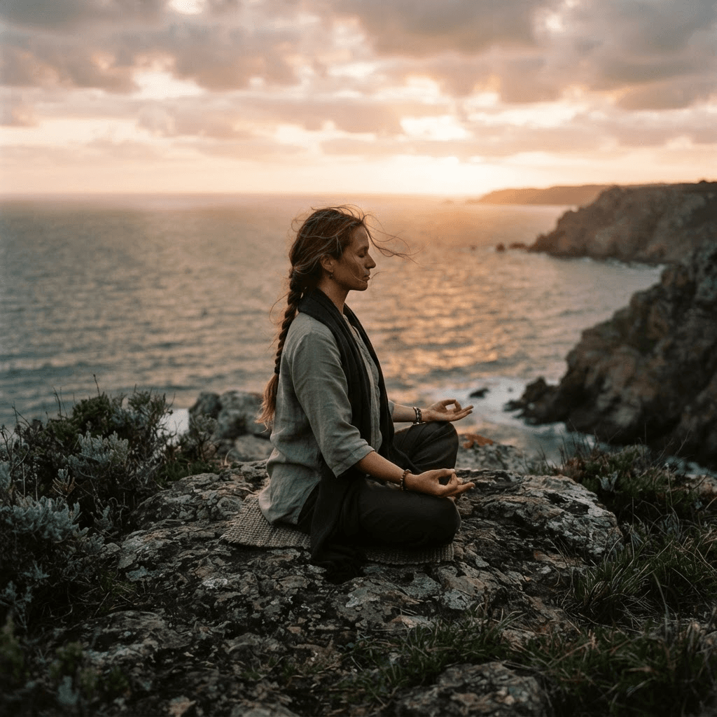 A person seated in meditation on a rocky outcrop above the sea at dusk.