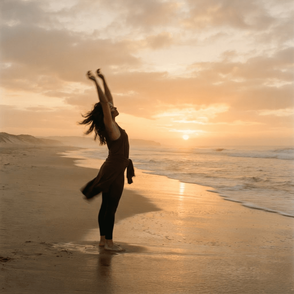 A figure stretching upward on a wide empty beach at sunrise.