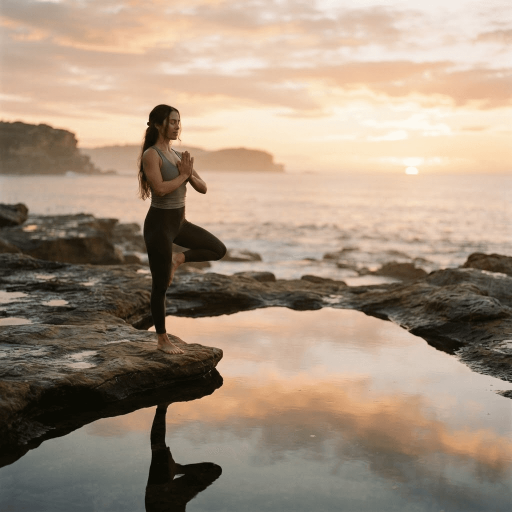 A figure holding a standing yoga pose beside a still reflective pool on coastal rocks at sunrise.